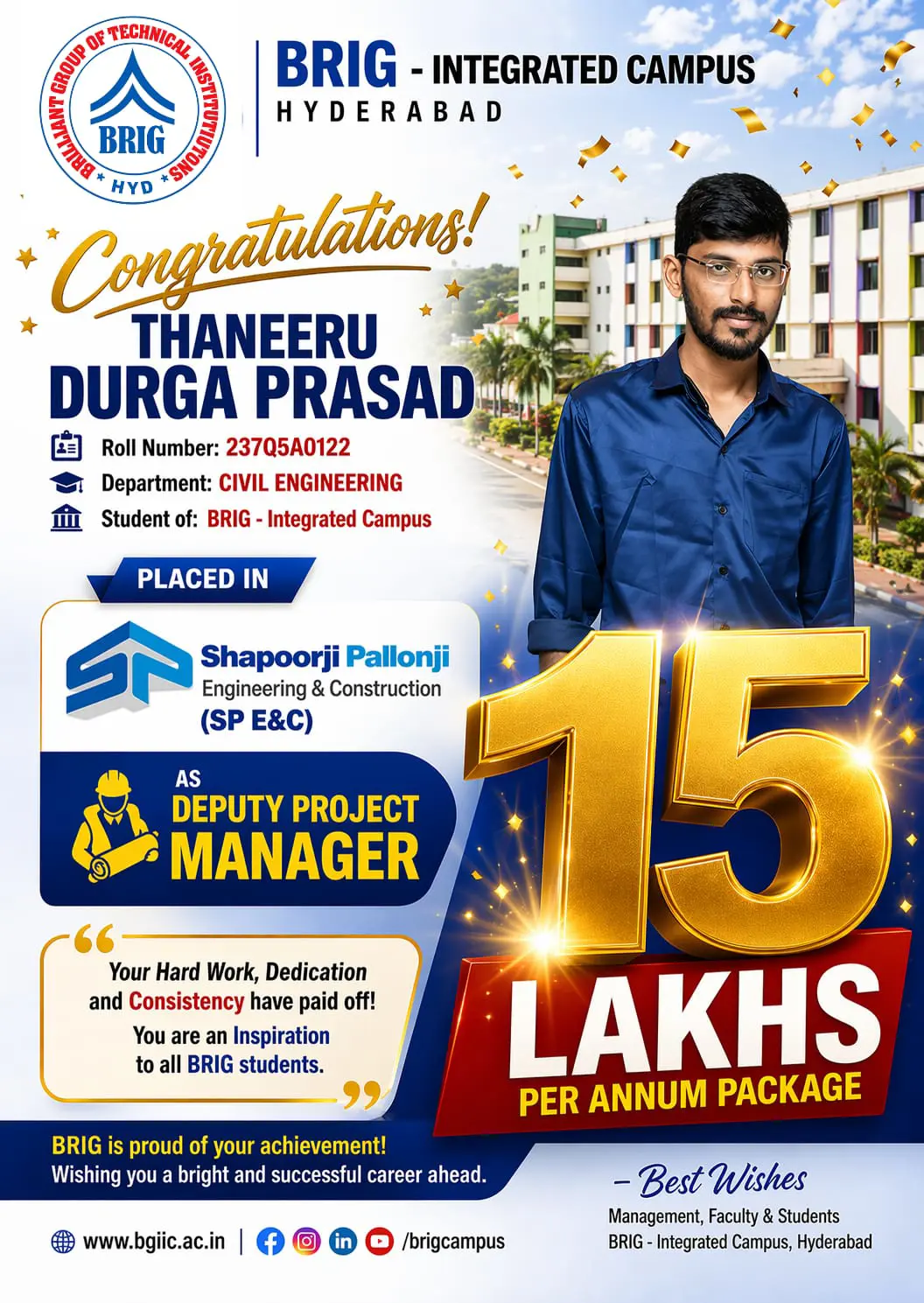 13 04 2026   Highest Package 2025 26   ₹15 Lpa   Thaneeru Durga Prasad   Brig   Shapoorji Pallonji E&c
